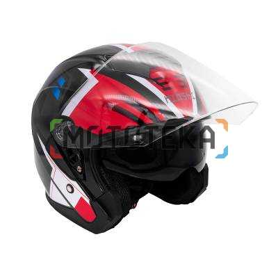 Шлем мото открытый KIOSHI (Киоши) 526 со стеклом и очками чёрный/красный (S)